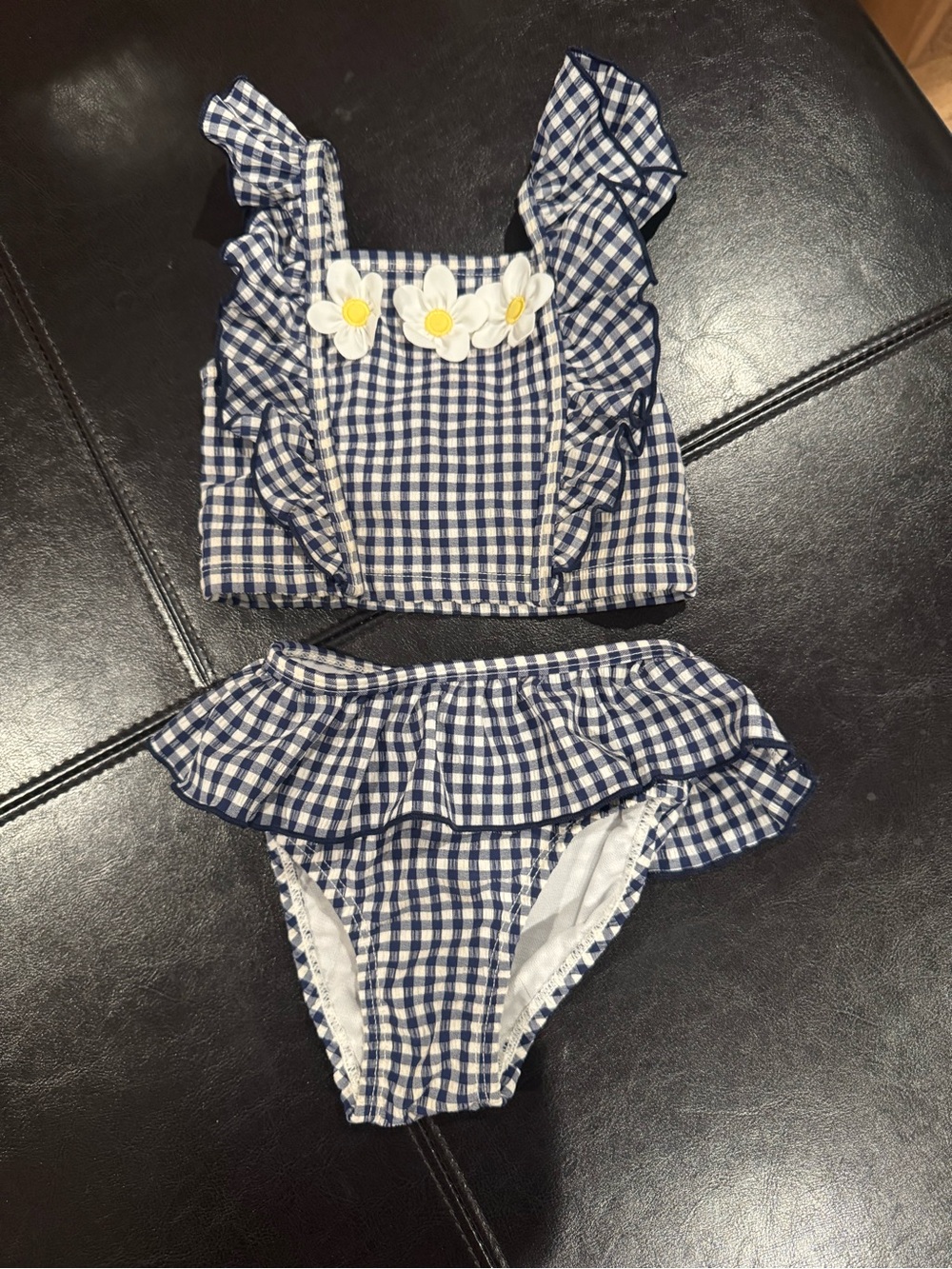 Little Me Navy Gingham Daisy Ruffle Two-Piece Bikini